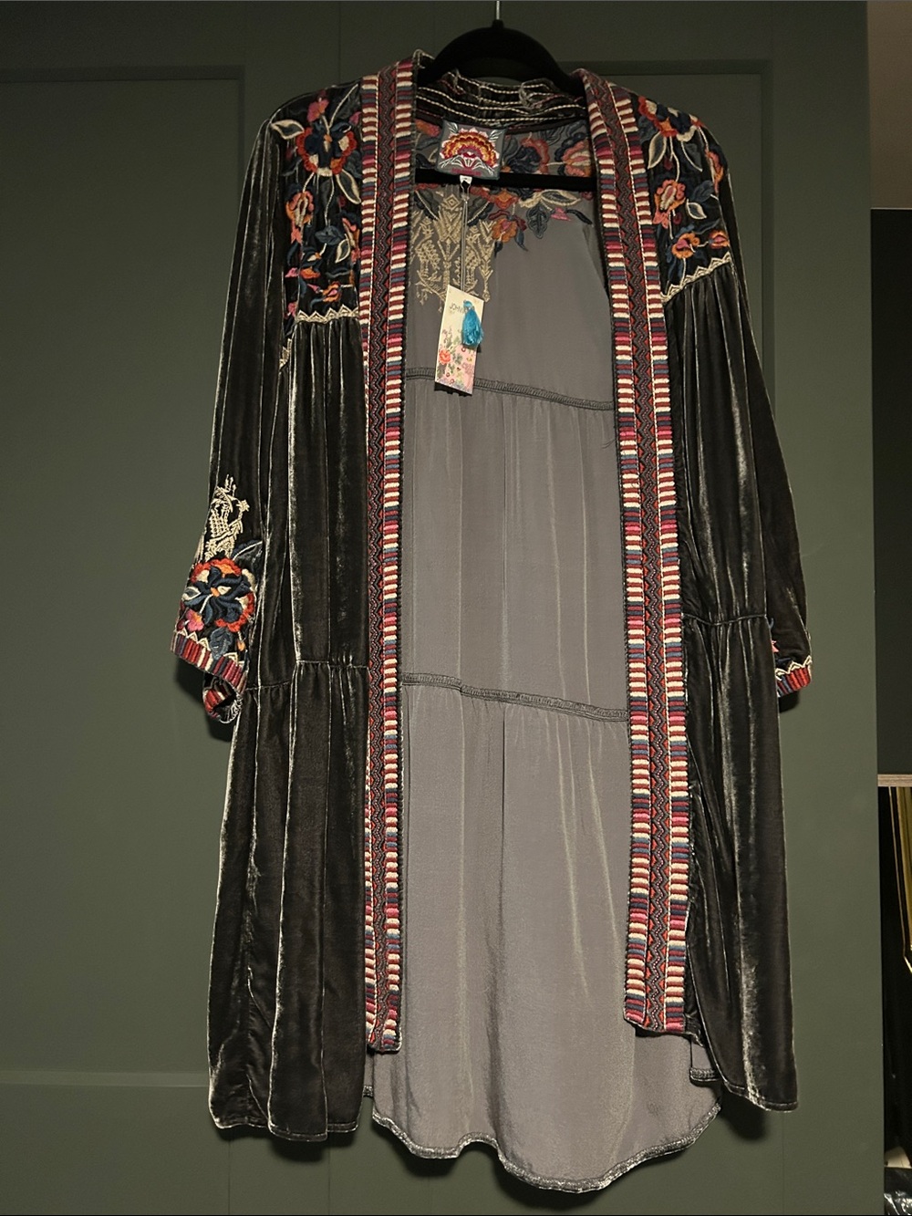 Johnny Was Charcoal Velvet Embroidered Kimono Duster